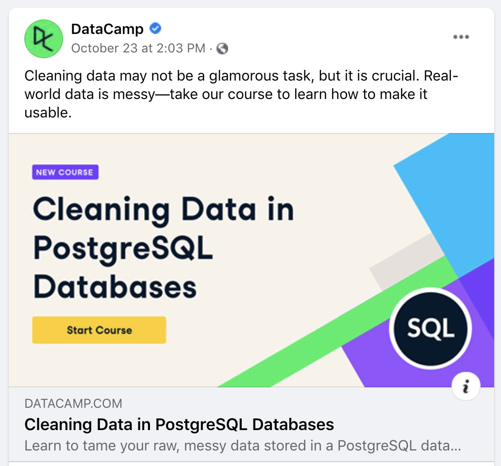 Screenshot of DataCamp announcement on Facebook