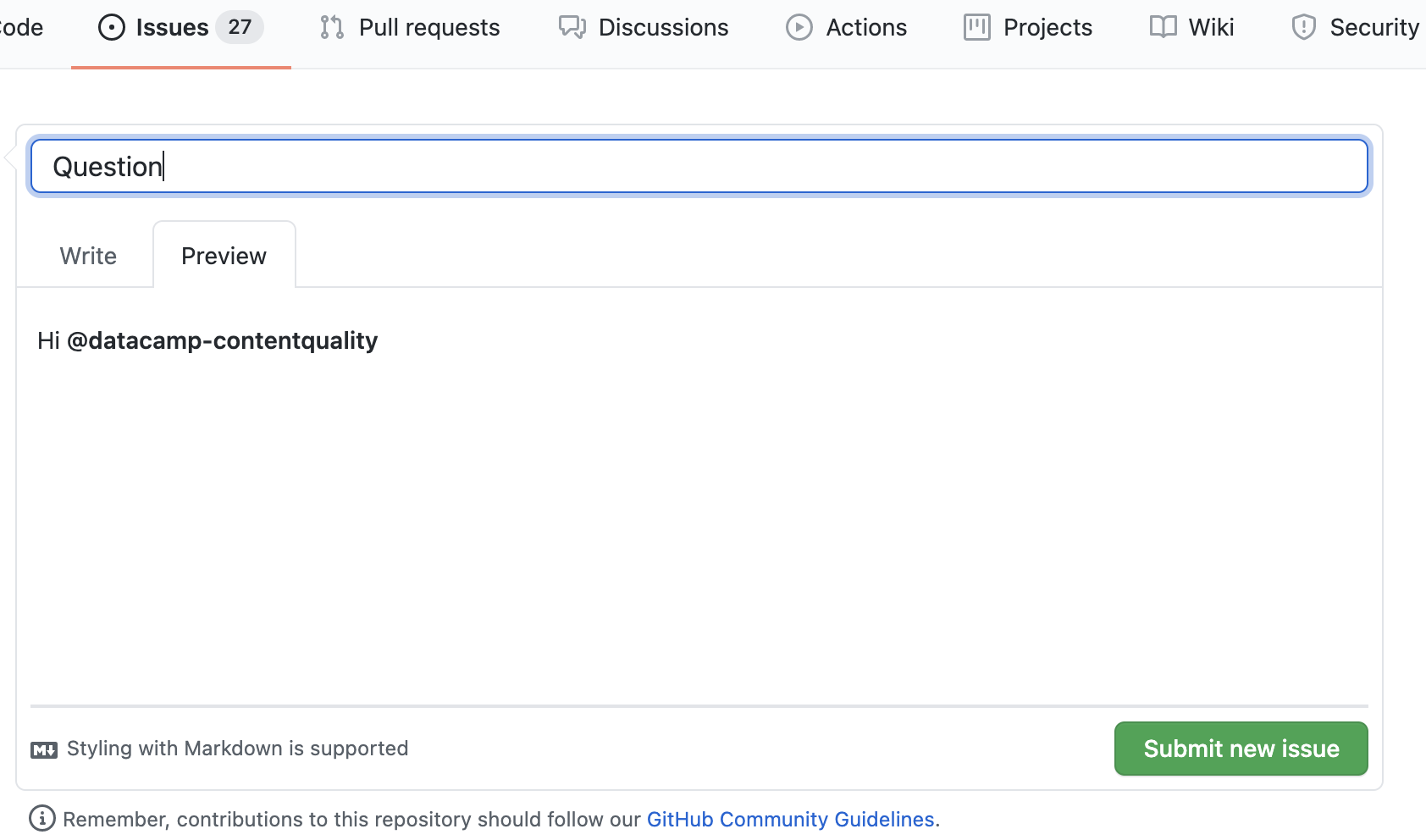 A new GitHub issue with a mention