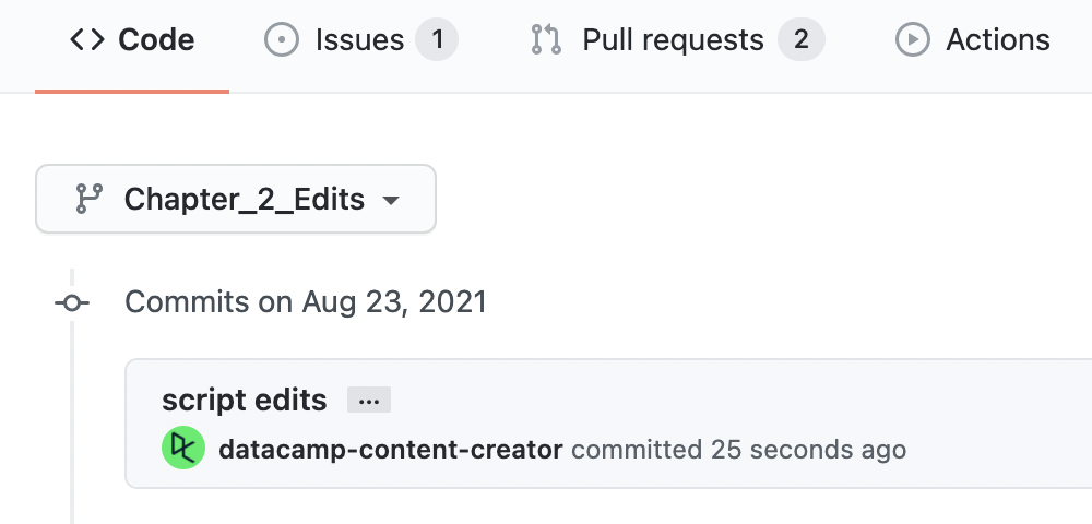 Screenshot of commit history in GitHub for the saved change shown in the course editor screenshot to the left