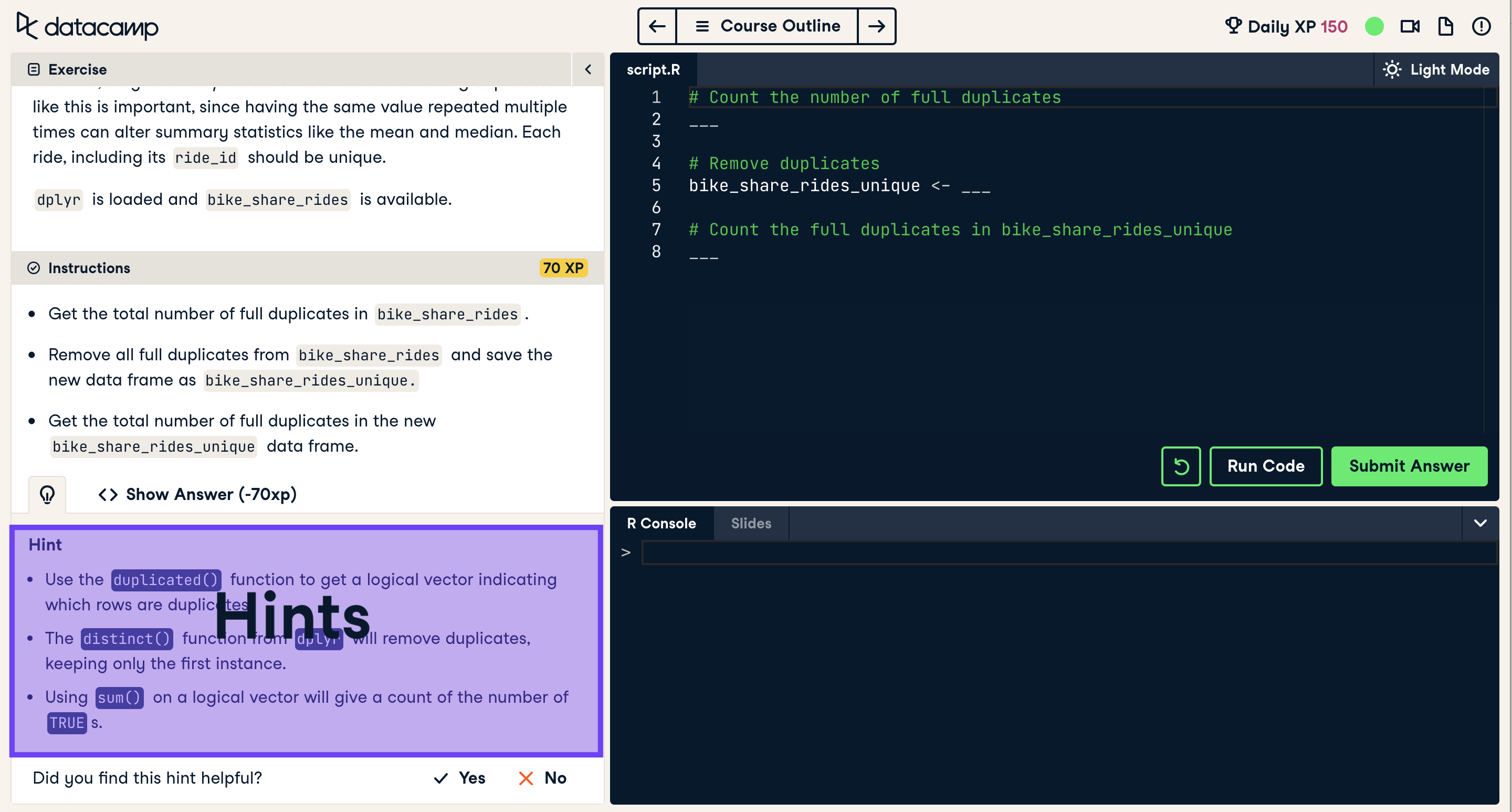 Screenshot of coding exercise with hint section highlighted