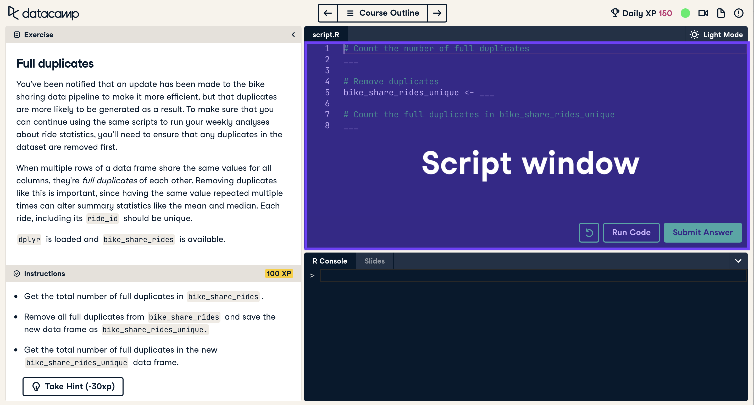 Screenshot of coding exercise with script window highlighted