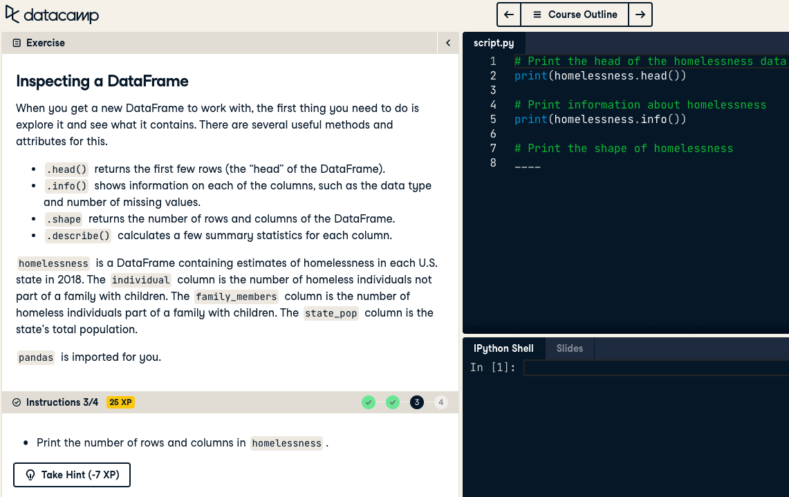 Image of DataCamp exercise with context, console, and instructions