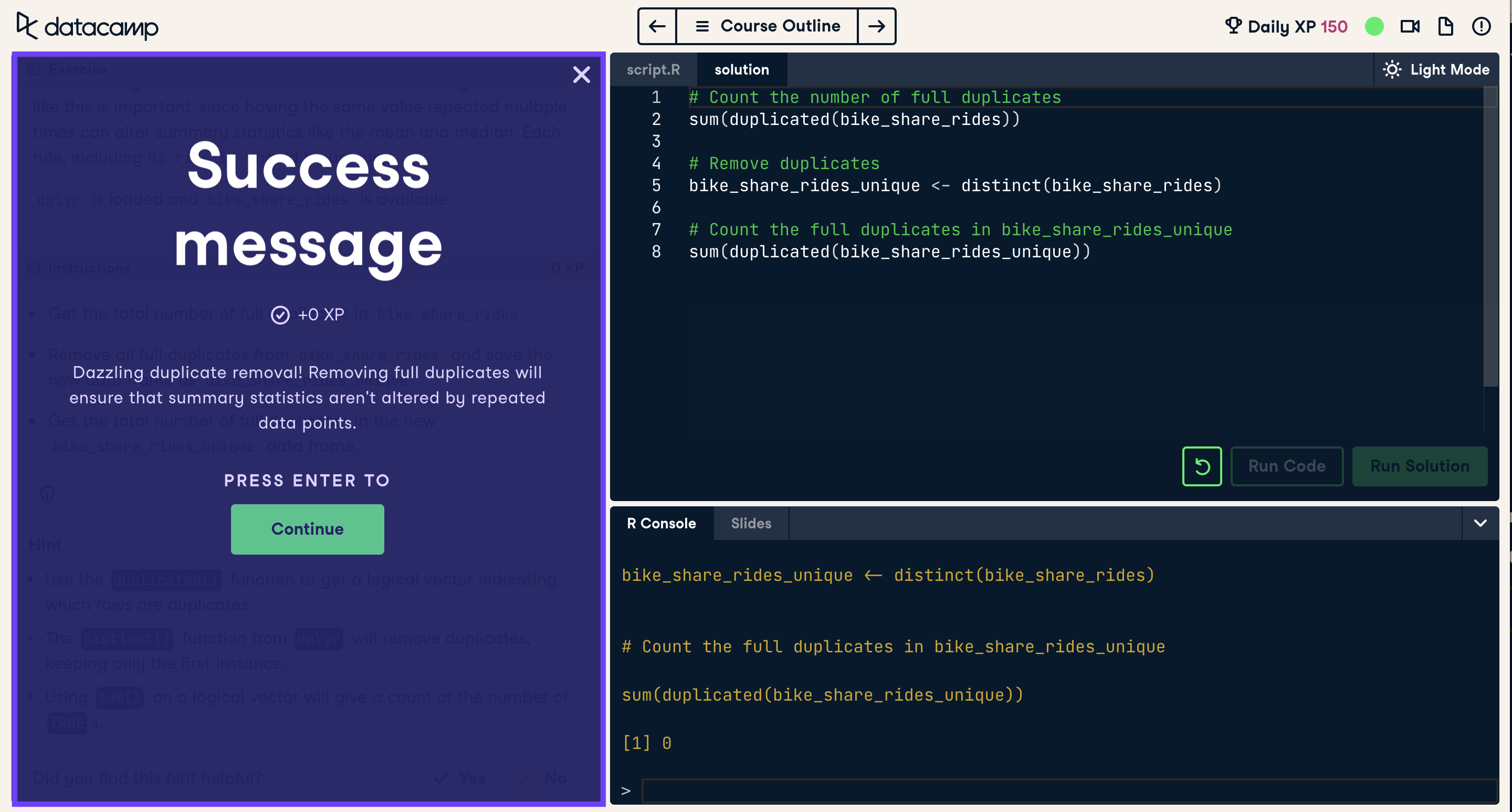 Screenshot of coding exercise with success message section highlighted