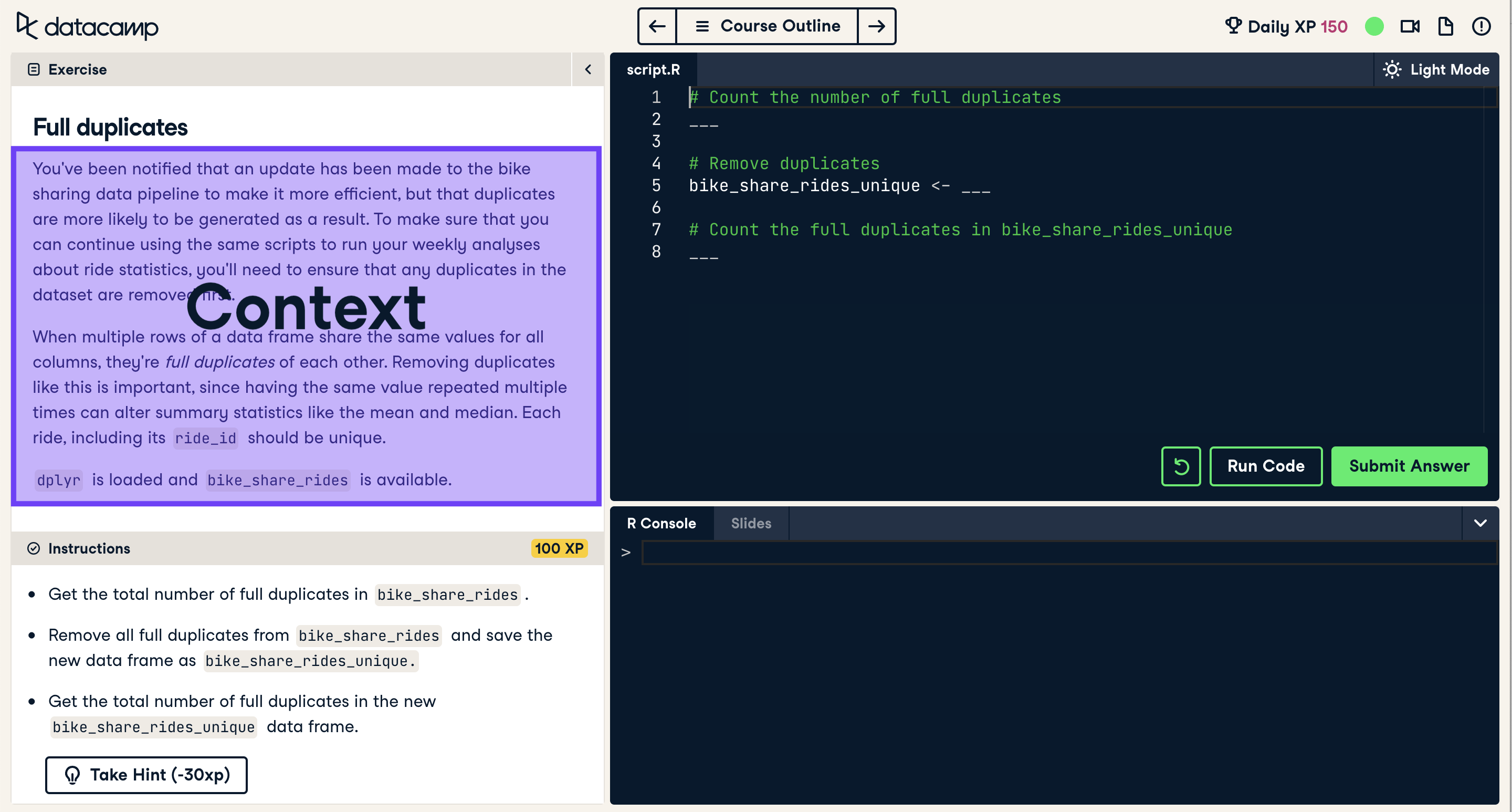 Screenshot of coding exercise with context section highlighted