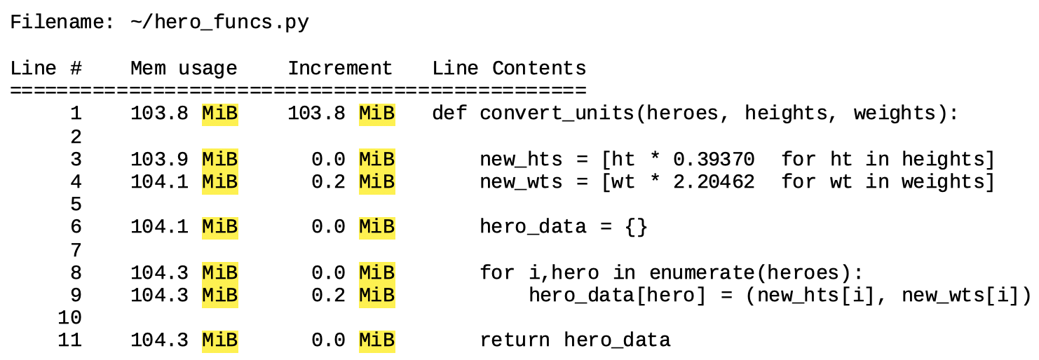 alt=”Magic command mprun tabular output summarizing memory usage profiling statistics with mebibytes (MiB) in output highlighted”