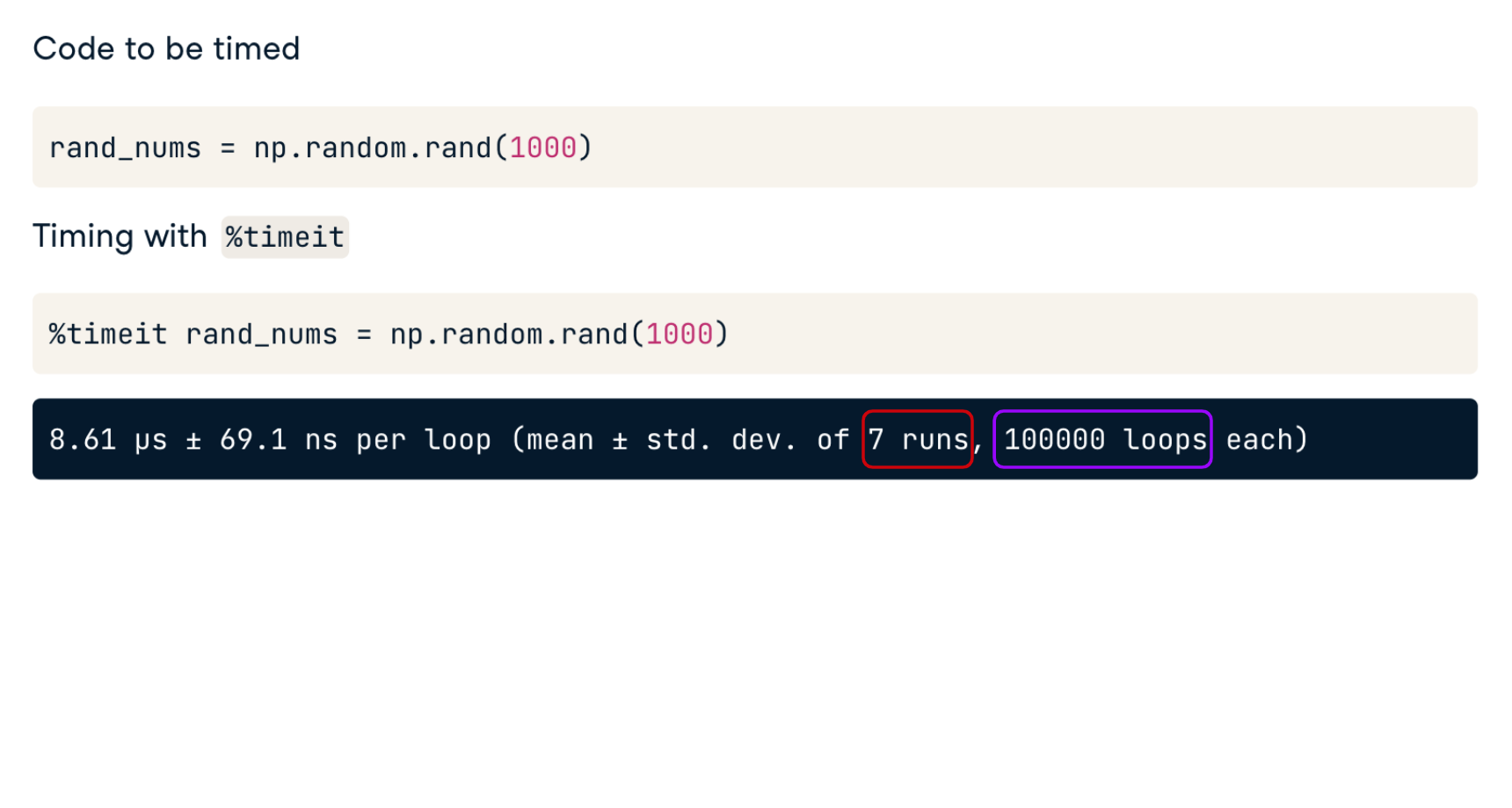 alt="Magic command timeit output with number of runs and number of loops highlighted"