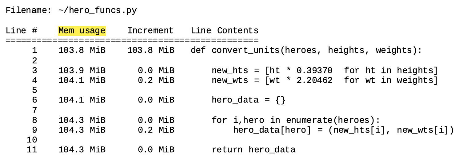 alt=”Magic command mprun tabular output summarizing memory usage profiling statistics with Mem usage column highlighted”
