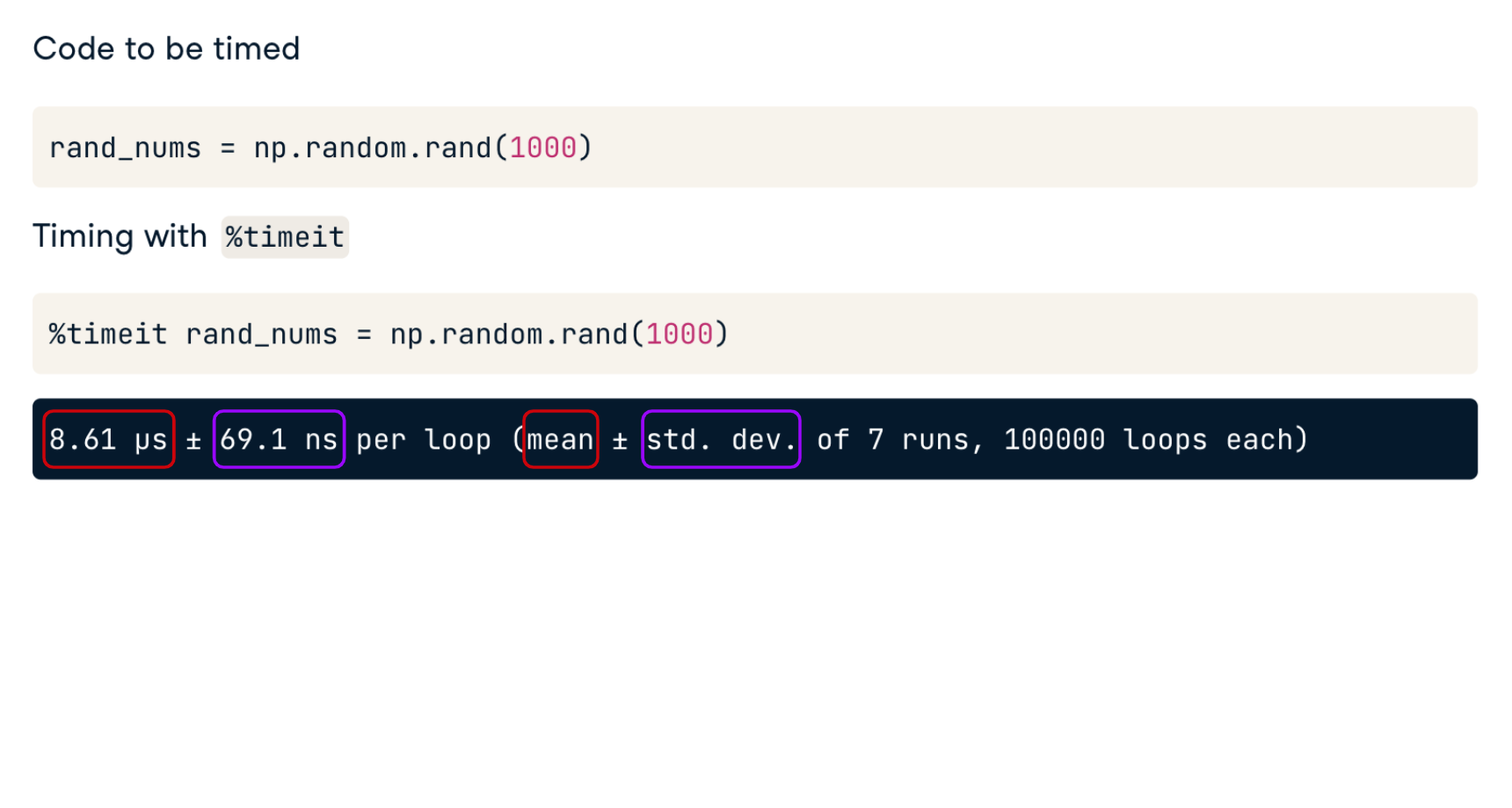 alt="Magic command timeit output with mean value and standard deviation value highlighted"