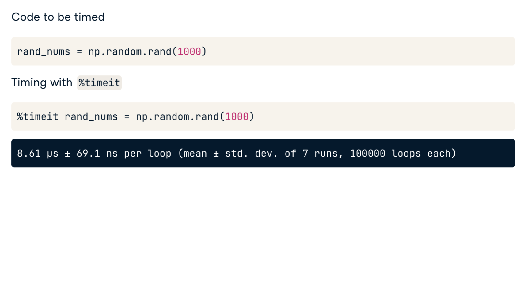 alt="Magic command timeit output"