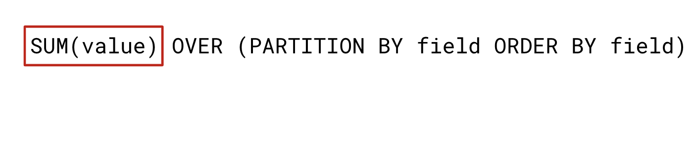 SUM(value) OVER (PARTITION BY field ORDER BY field)
