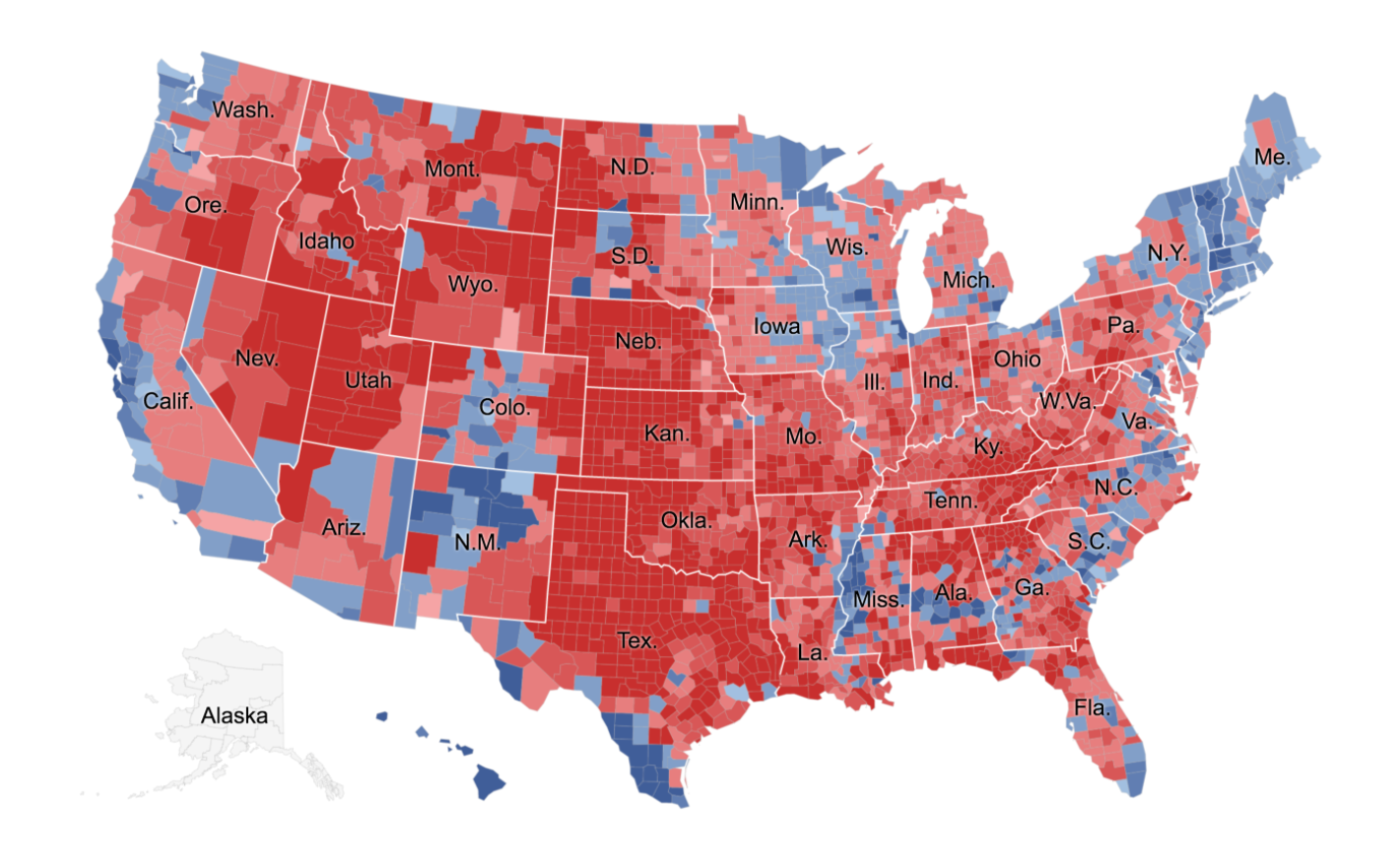 New York Times election map of 2016 elections
