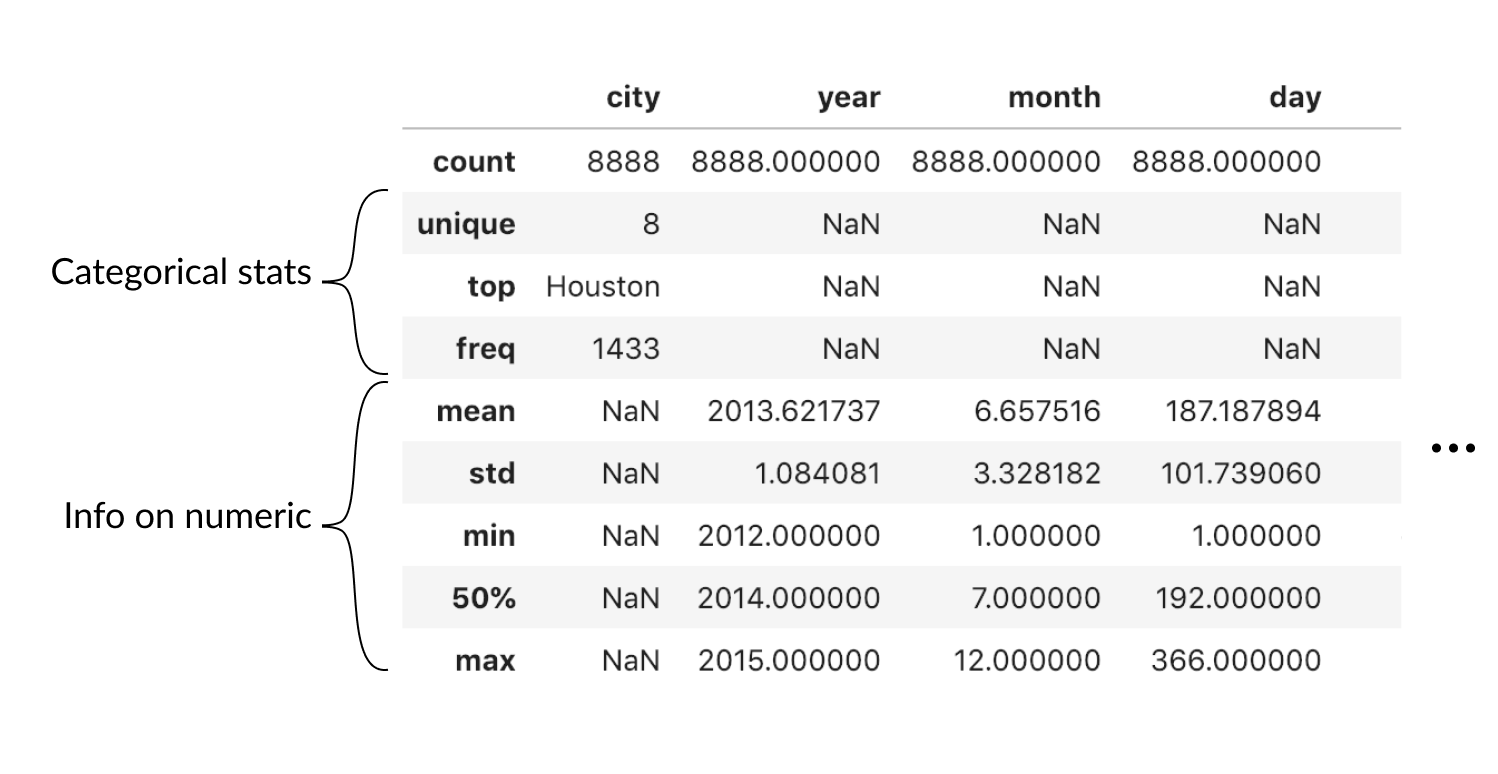 Output of Panda's describe function with categorical data summarized on top and continuous on bottom
