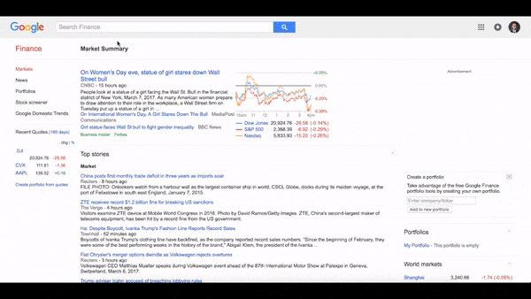 GIF of search for Dow Jones on Google Finance