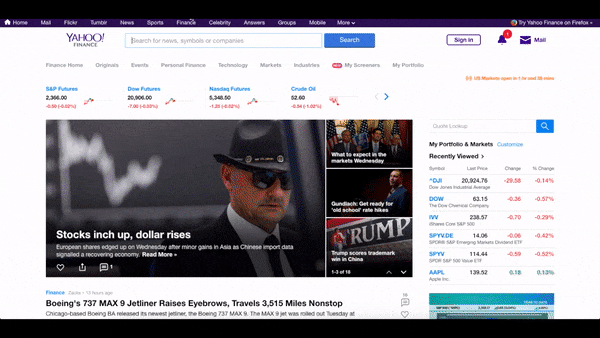 GIF of Dow Jones search on Yahoo Finance