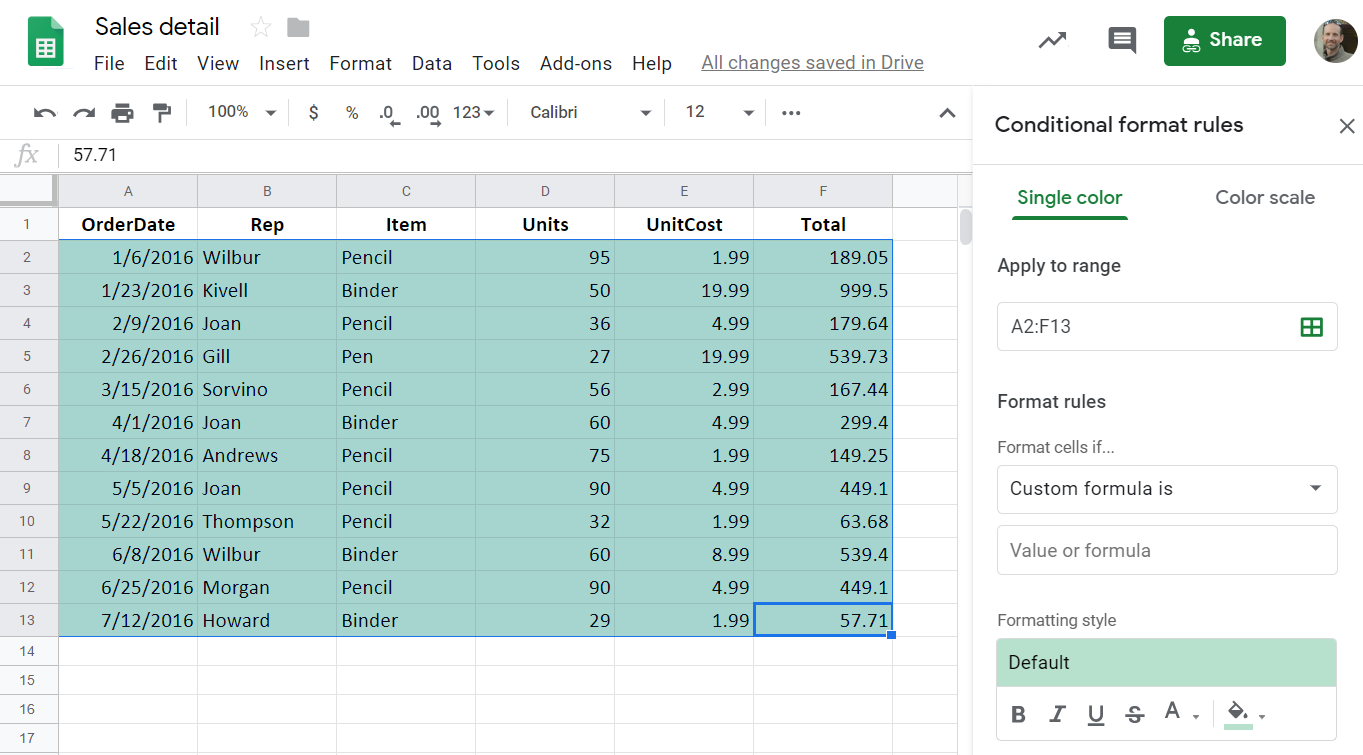 Sales report with range selected