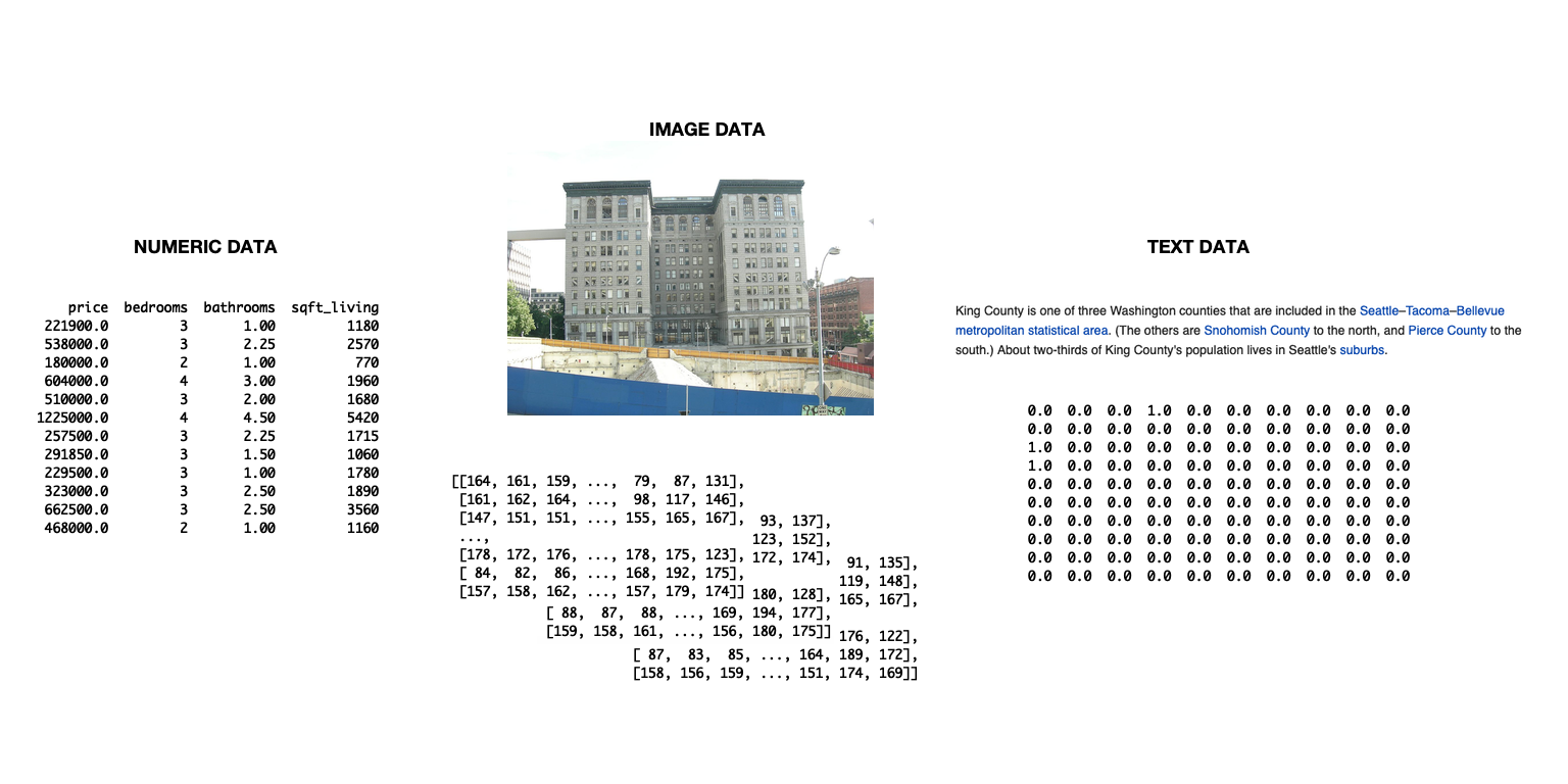 The slide shows a diagram of three different data types: text data, image data, and numeric data.