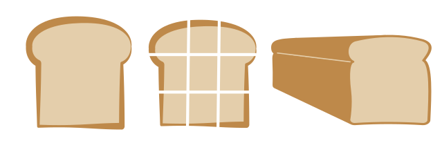 The image shows a slice of bread, a slice of bread divided into 9 pieces, and a loaf of bread.