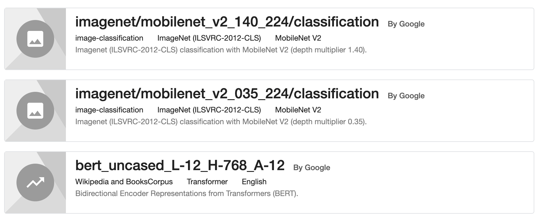 This image shows a screenshot of models returned from a TensorFlow Hub search.