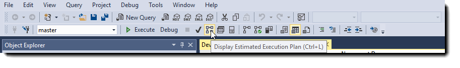 Estimated execution plan SSMS toolbar menu item with tooltip