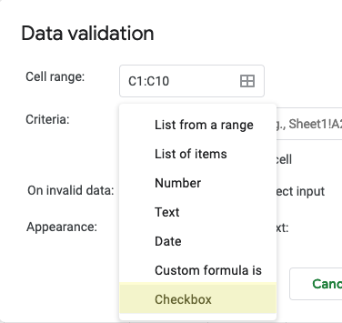 checkbox validation settings