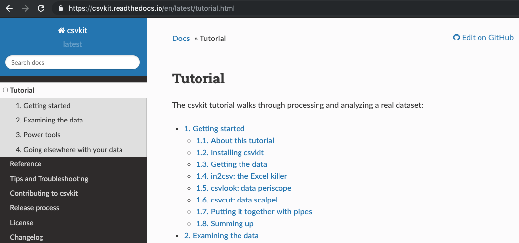 Screenshot of the web-based documentation for csvkit as though viewed through a browser