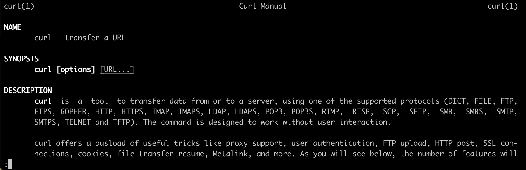 Screenshot of the beginning of the curl manual as though printed in a dark Terminal window