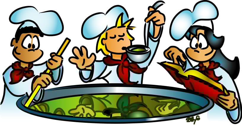Multiple chefs around a big cooking pot