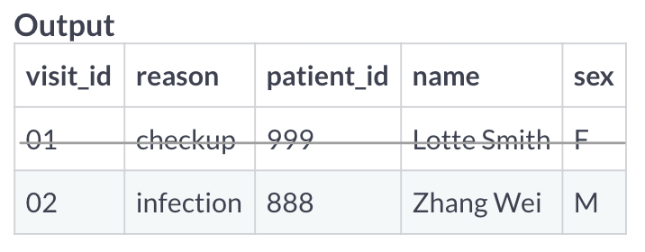 A table with the 888 Zhang Wei visit, and patient information as one row and the 999 Lotte Smith visit and patient record as a second, crossed out row.