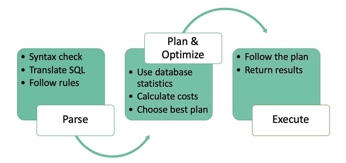 Query Lifecycle. Box 1 is Parse where there is a bullet point for syntax check, translate SQL, follow rules. Box 2 is Plan & Optimize where there is a bullet point for use database statistics, calculate costs, choose best plan. Box 3 is Execute where there is a bullet point for follow the plan, return results.