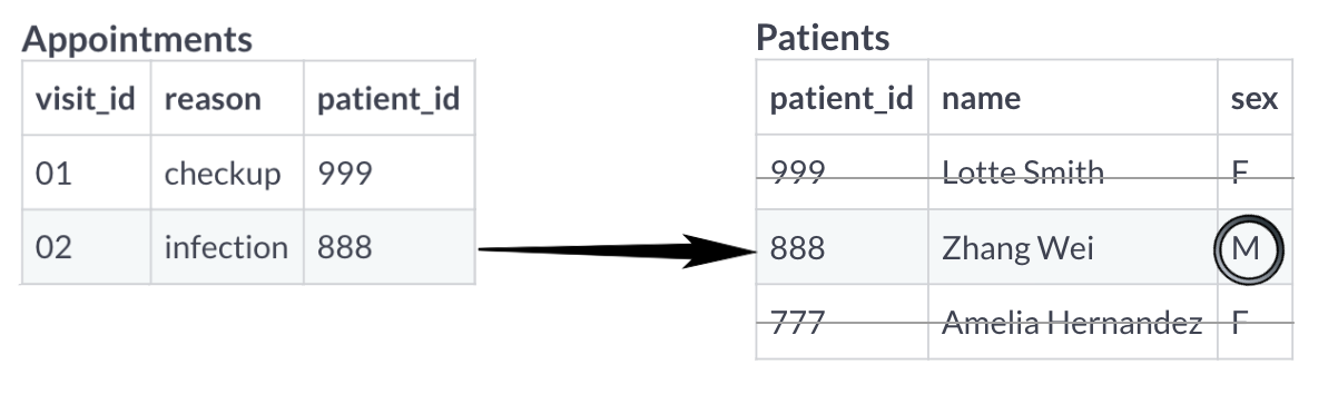 The Patients table filters to Males so has patient 888 Zhang Wei M circled. This is the only male record, so it is the only record that joins to a patient id in the Visits table.