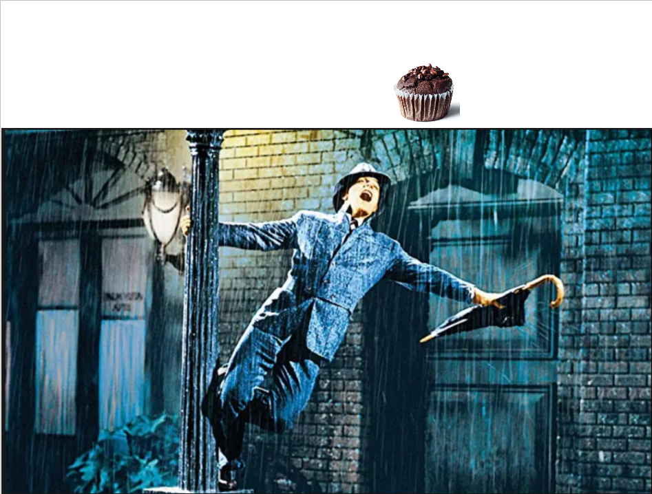Frame from singing in the rain with a cupcake falling from the sky into Fred Astaire's open mouth