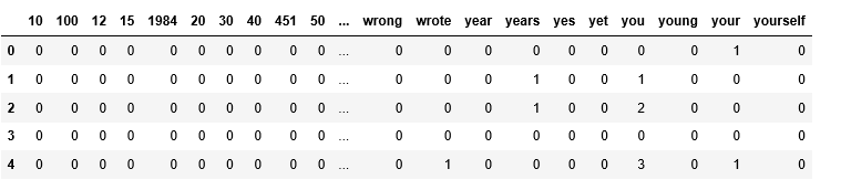 top 5 rows of a dataset, displaying the output of a BOW approach