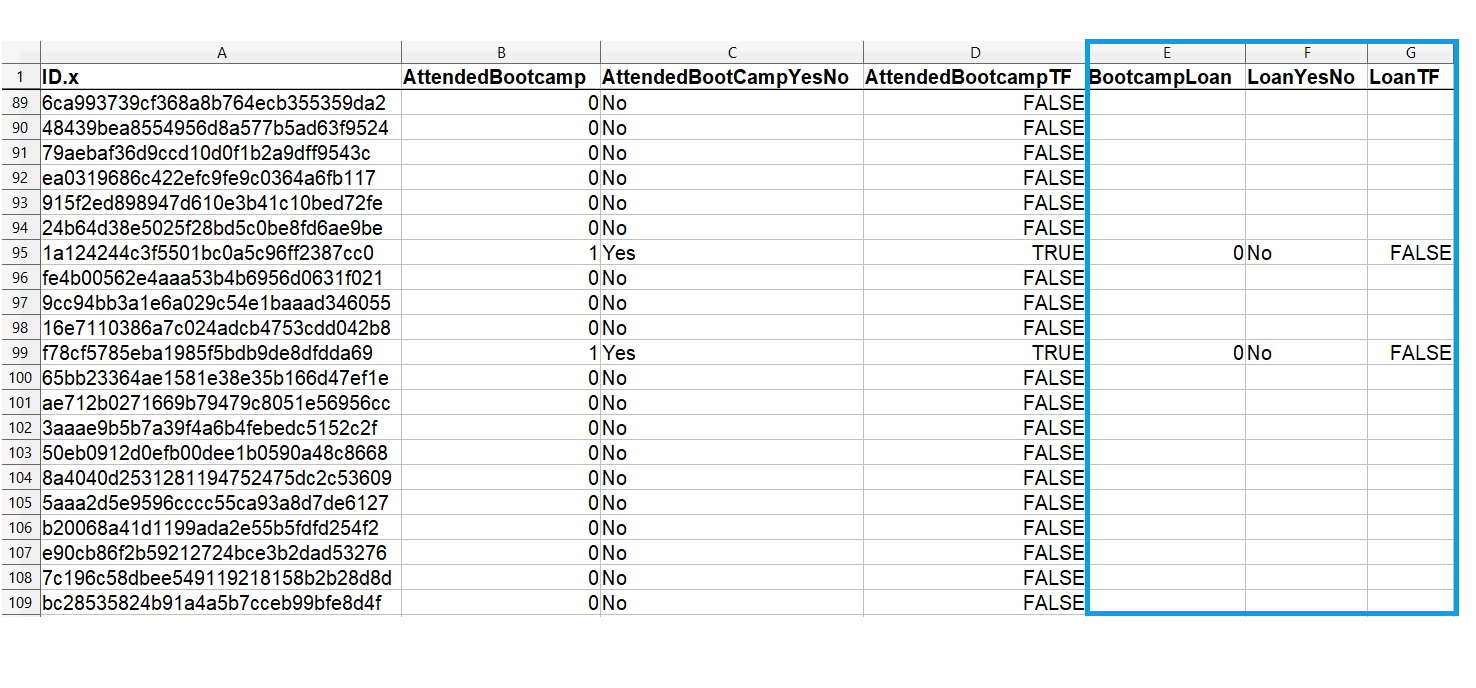Spreadsheet of survey data with columns about loan usage highlighted