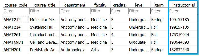 Course catalog data, with instructor_id column highlighted. Values are 9-digit integers.