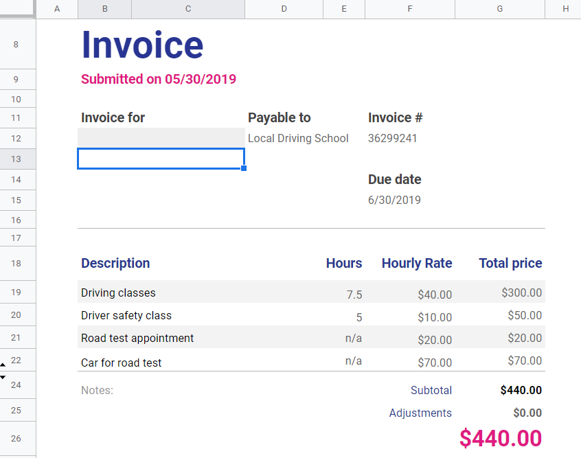 Invoice spreadsheet with multiple small tables of data