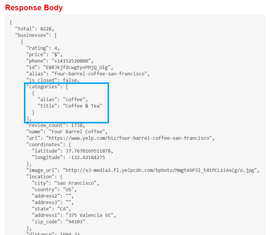 Example Yelp response data, with nested category data highlighted