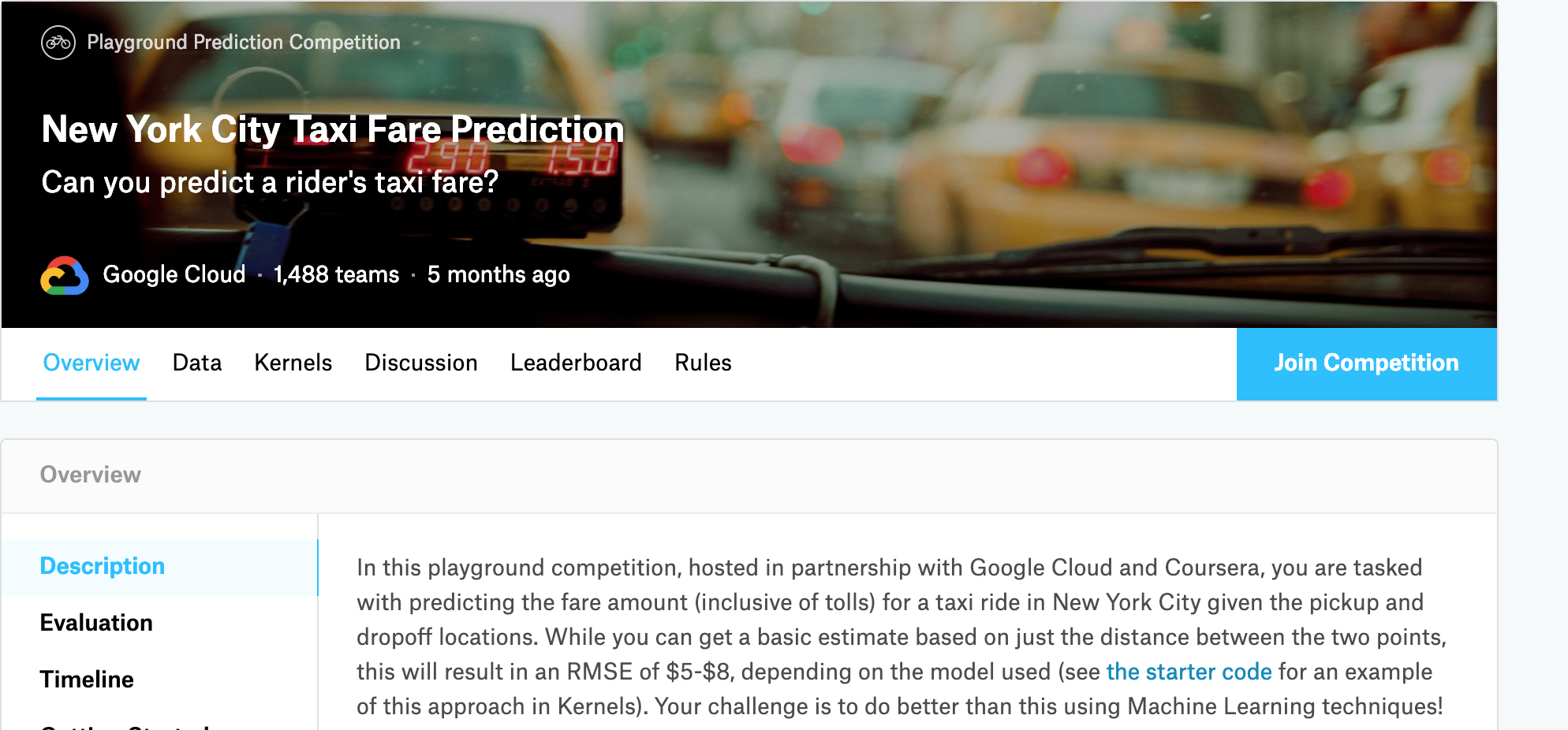 New York city taxi fare prediction page