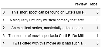 top 5 rows of the IMDB movie reviews dataset