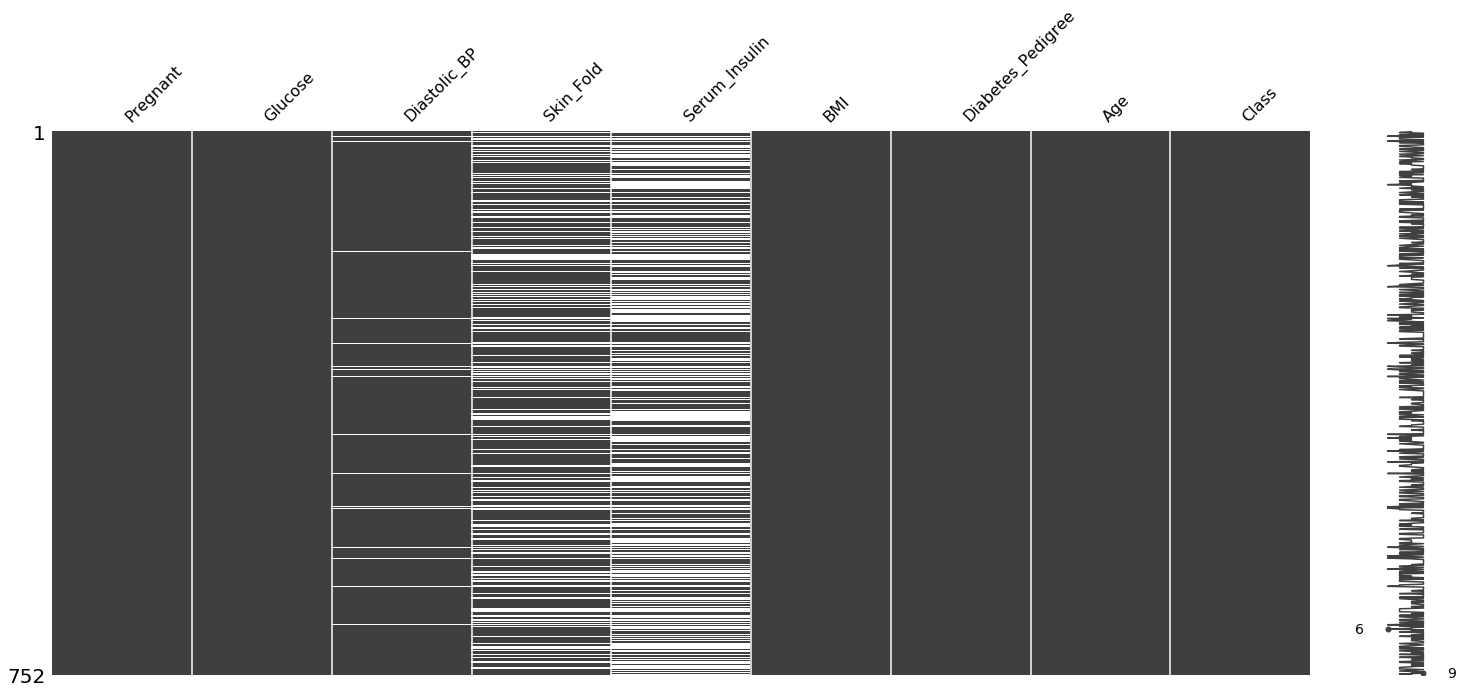 Missingness matrix plot of diabetes dataset
