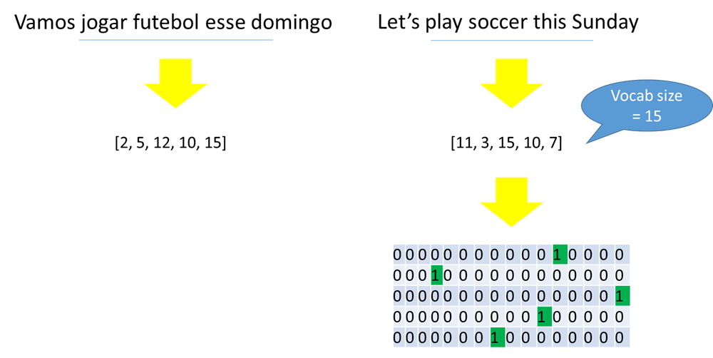 Encoder and decoder text preparation. In the encoder we need to transform the input language into a sequence of numerical indexes, and on the decoder we do the same for the output language and also one-hot encode each index
