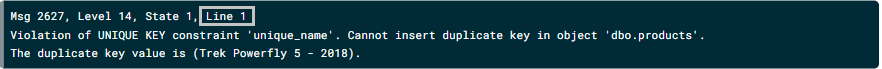 An error message that highlights the text "Line 1", corresponding to the line where the error occurred.