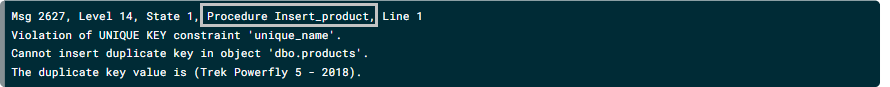 An error message that highlights the text "Procedure Insert_product", corresponding to the name of the stored procedure where the error occurred.
