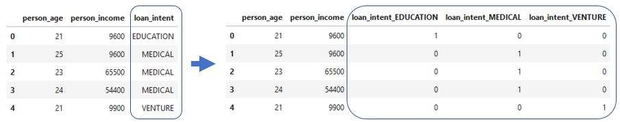 Example of one-hot encoding the loan intent column