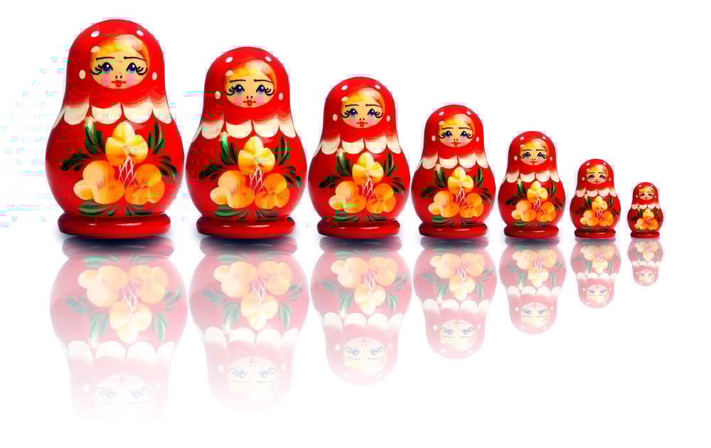 A series of matryoshka dolls is shown, ordered from largest to smallest.