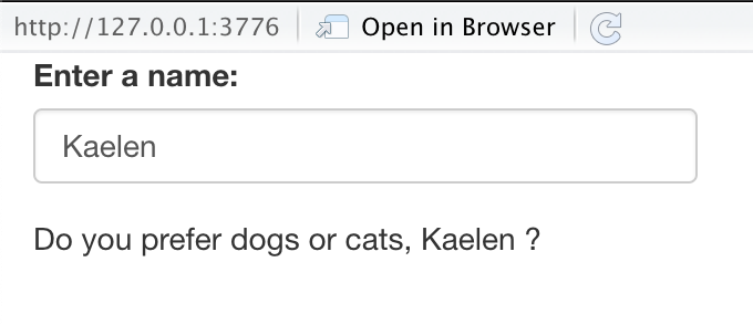 A web app that allows users to enter a name and then asks "Do you prefer dogs or cats, name?"