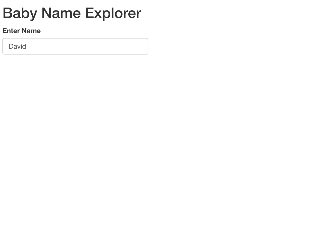 A web app with title "Baby name explorer" and the name "David" entered