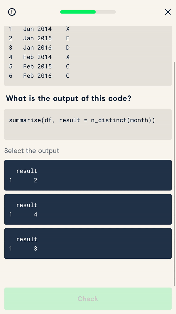A gif of the DataCamp mobile app, displaying an example of a practice question.