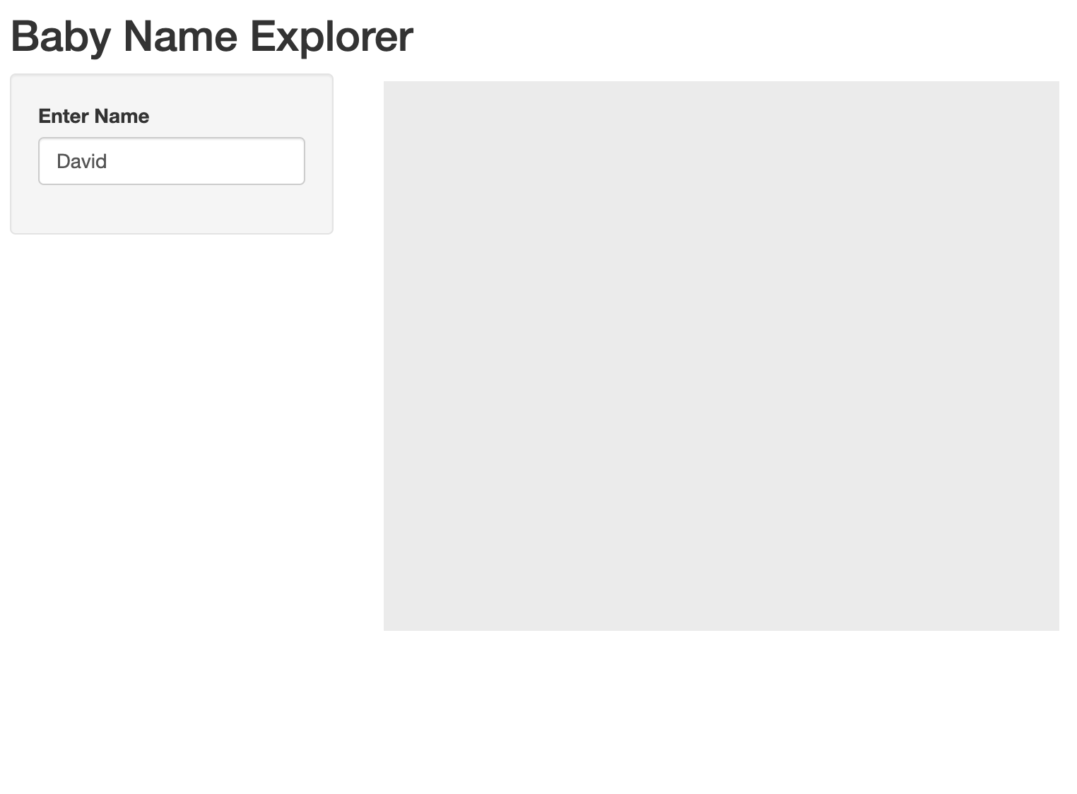 A web app with title "Baby names explorer", the name "David" entered, and a blank plot displayed, where name input is on the left and blank plot is on the right