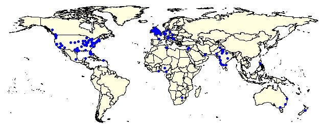 Plot of geocoordinates on the world map