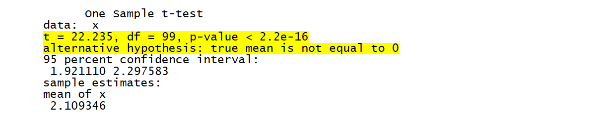 the t.test function's console output